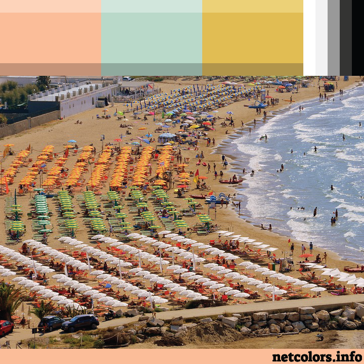 The Pantone Color of the Year 2024: Peach Fuzz color palette inspiration photo areal photo of many umbrellas in neat rows on a crowded beach