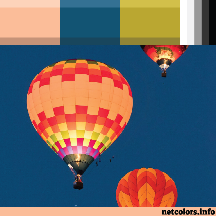 The Pantone Color of the Year 2024: Peach Fuzz color palette inspiration photo colorful hot air balloons on dark blue sky
