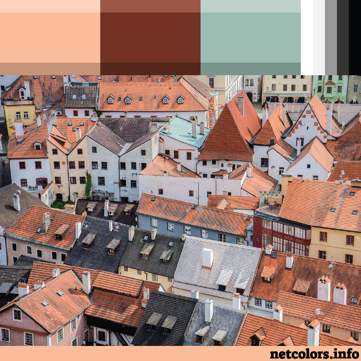 The Pantone Color of the Year 2024: Peach Fuzz color palette inspiration photo crowded city roof tops with peachy roofs